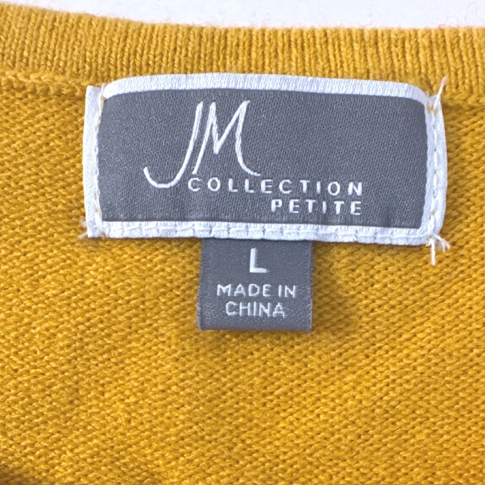 JM COLLECTION Petite Mustard Yellow Crewneck Sweater Button Cuff Women's L - Picture 8 of 9